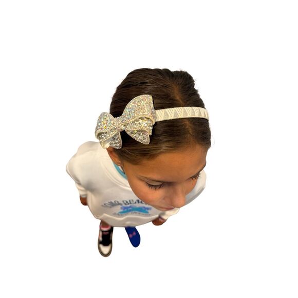 Beaded bow headband iridescent white crystal ribbon - Picture 1 of 7